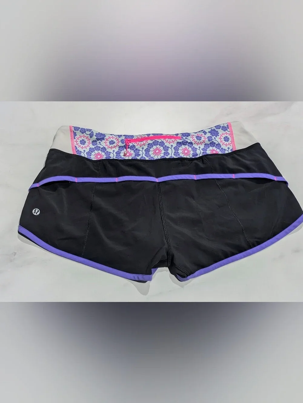 Lululemon Black Athletic Shorts with Lavender Trim and Mint Waistband